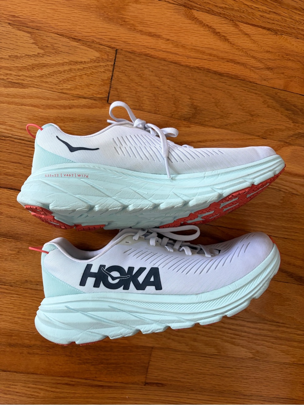 Hoka Women's Clifton 8 - White and Mint Athletic Running Shoes with Coral Accent - Picture 2 of 5
